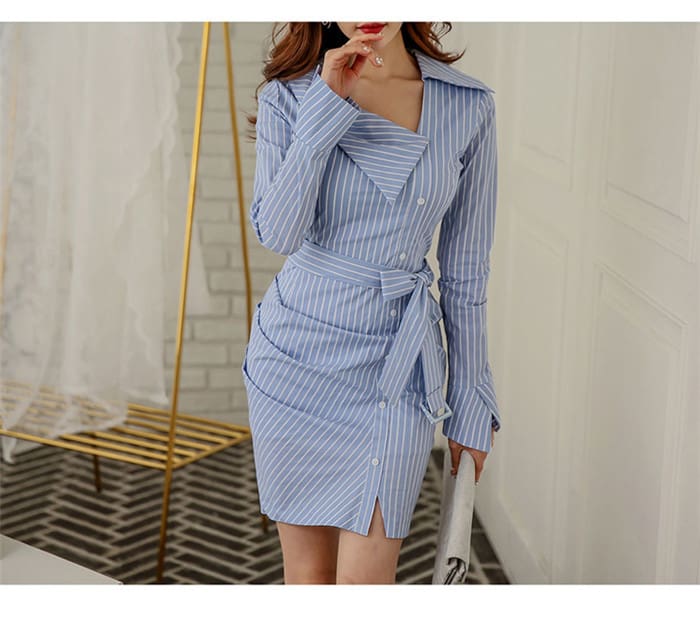 Lady Elegant Striped Short Dress Long Sleeve Pencil Dress