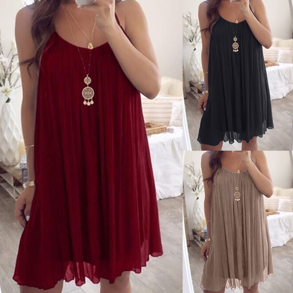 Plus Size Women Chiffon Summer Casual Sleeveless Dress New Fashion Solid Strappy Beach Sundress Short Dress