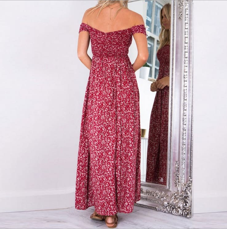 New Fashion Women Boho Off shoulder High Waist Short Sleeve Maxi Dress Ladeis Summer Floral Beach Casual Long Sundress