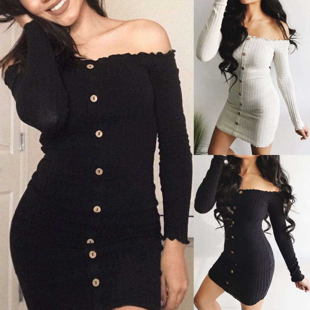 Women Off Shoulder Stretchy Package Hip Bodycon Dress Ladies Summer Long Sleeve Bodycon Casual Slim Dress Sundress