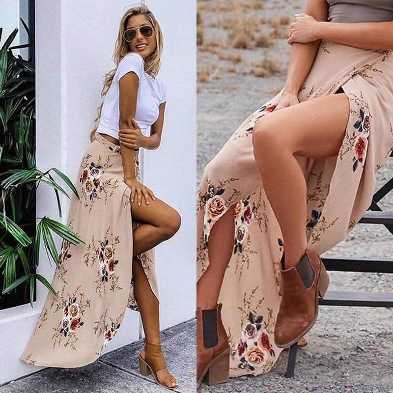 New Women Summer Hight Waist Maxi Skirt Ladies Fashion Pleated Beach Long Casual Boho Floral Skirt Sundress