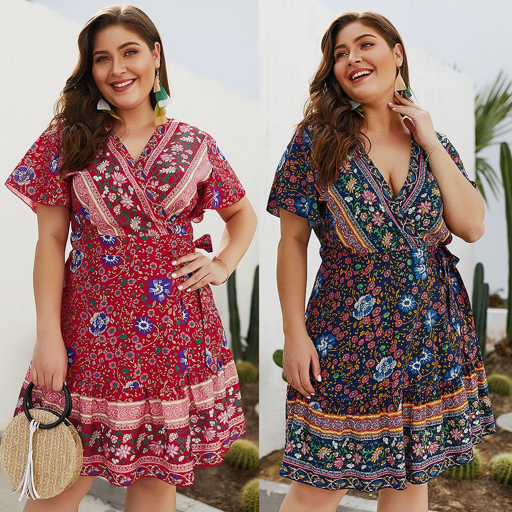 Plus Size Women Short Sleeve Wrap Boho Floral Mini Dress Fashion Ladies Summer Sundress Casual V Neck Holiday Beach Clothes