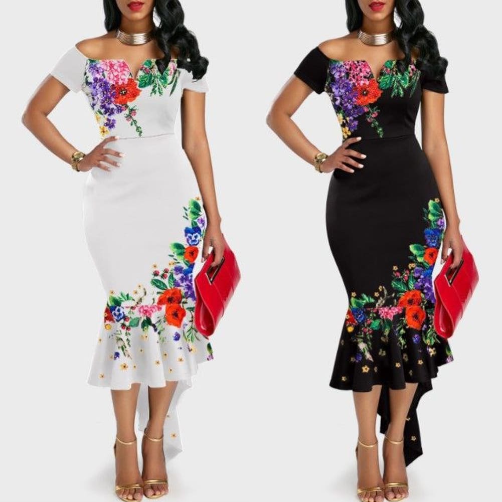 Womens Boho Long Maxi Dress Beach Summer Party Elegant Ladies Off Shoulder Floral Bodycon Fishtail Dresses