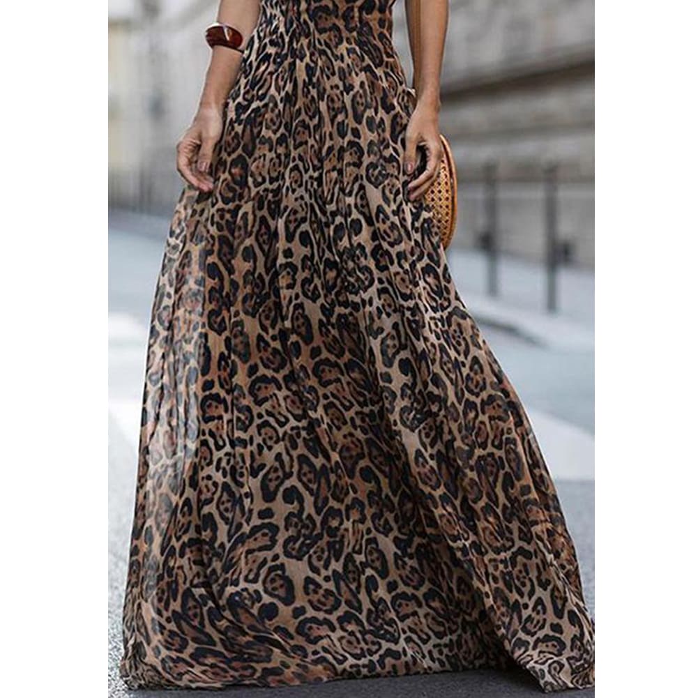 Women Leopard Print Sleeveless Maxi Long Dress Fashion Ladies Party V Neck Summer Beach Sexy Dress Sundress