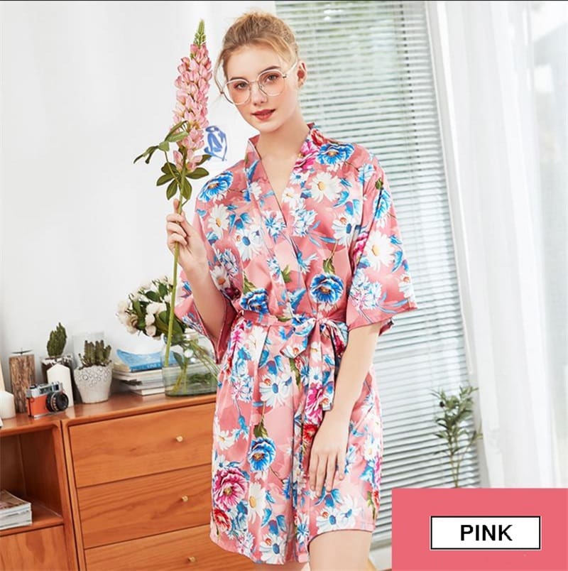 New Women Silk Satin Floral Half Sleeve V-Neck Summer Short Nightwear Bath Robe Fashion Daily Soft Casual Sleepdress