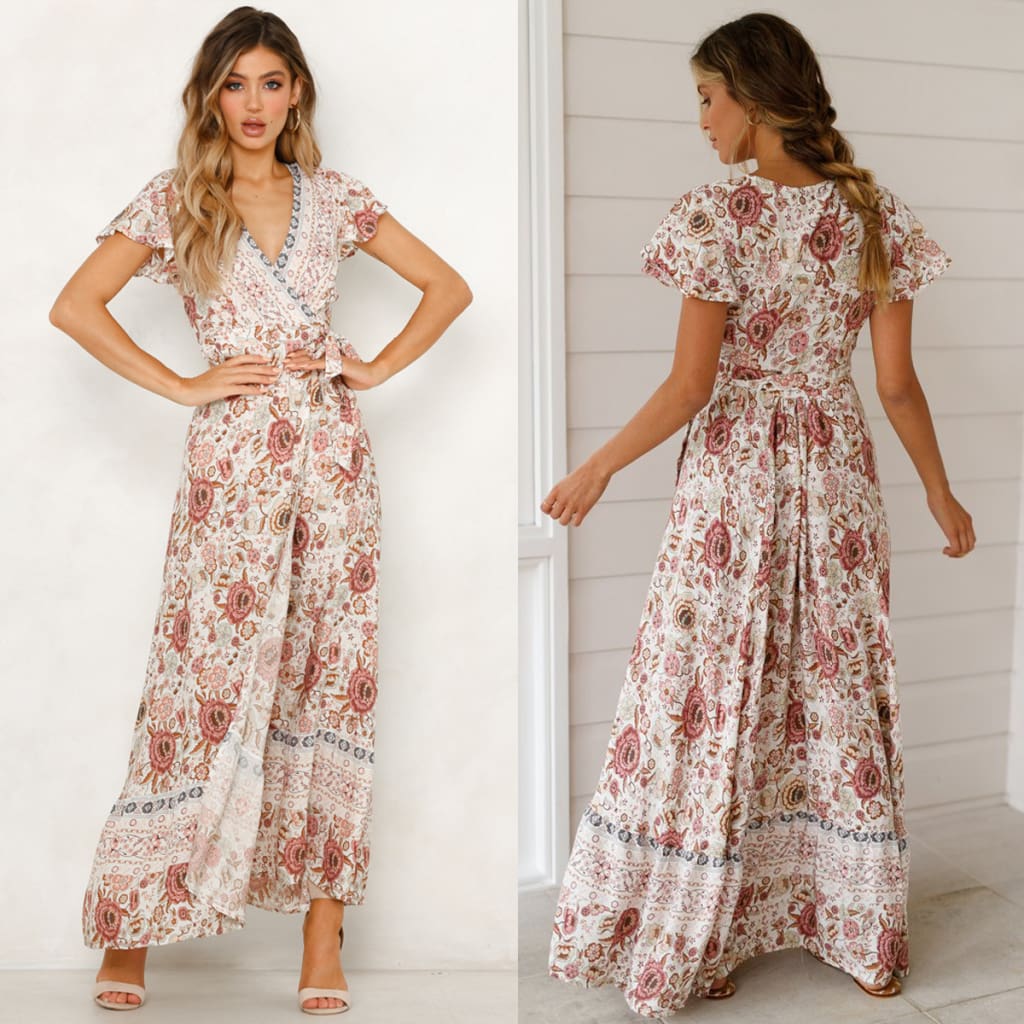 Women High Waist Summer Boho Floral Print Short Sleeve Beach Dress New Fashion Ladies V-Neck Long Dress Sundress