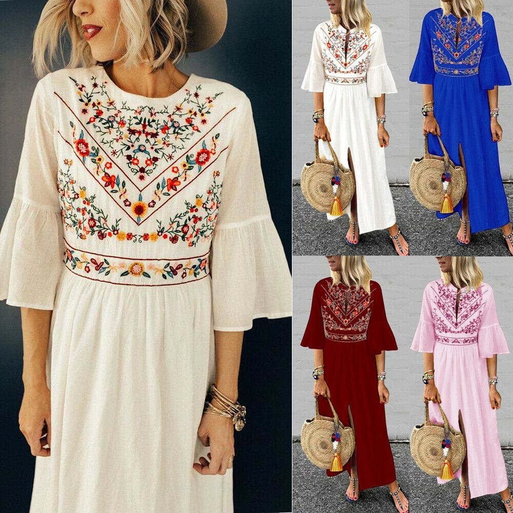 Vintage Women Fashion Boho Long Maxi Dress Summer Holiday Floral Ladies Casual Short Sleeve Loose Sundress