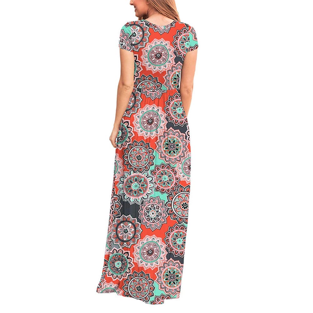 Summer Short Sleeve Long Dress Floral Print Boho Beach Dress Tunic Maxi Dress