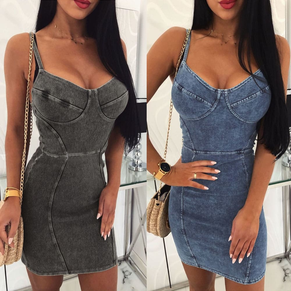 New Womens Denim Bodycon Bandage Short Mini Dress Sexy Ladies Sleeveless Summer Cocktail Club Holiday Sundress