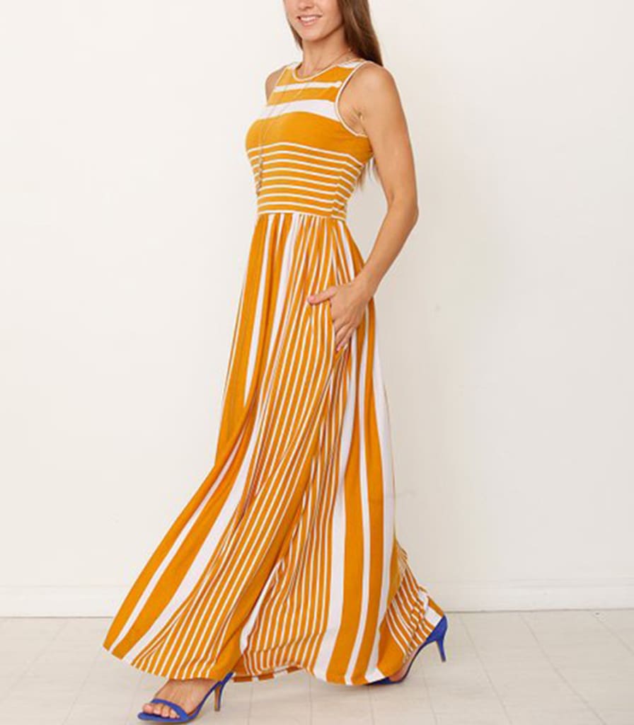 Women Ladies Boho Stripe Bodycon Sleeveless Maxi Dress Pocket High Waist Summer Beach Dress Sundress New