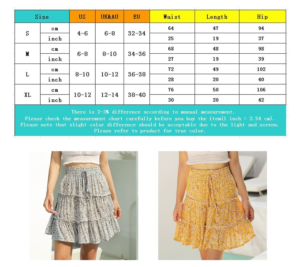 Women Boho Casual Floral Skirt New Fashion Ladies Stretch High Waist Beach Summer Short Mini Skirt Sundress