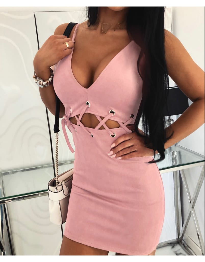 Women Ladies Halter Sleeveless Bandage Bodycon Mini Dress Solid Casual Summer Beach Hollow Slim Sundress