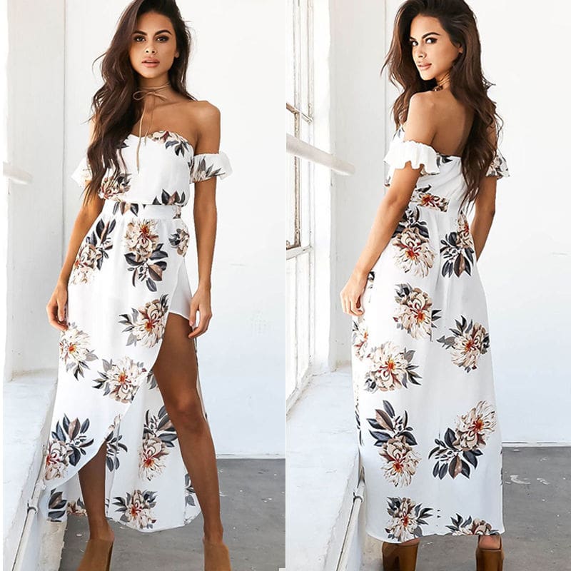 Women Boho Floral Wrap Long Maxi Dress Fashion Ladies Casual Off Shoulder Summer Beach Holiday Dresses Sundress