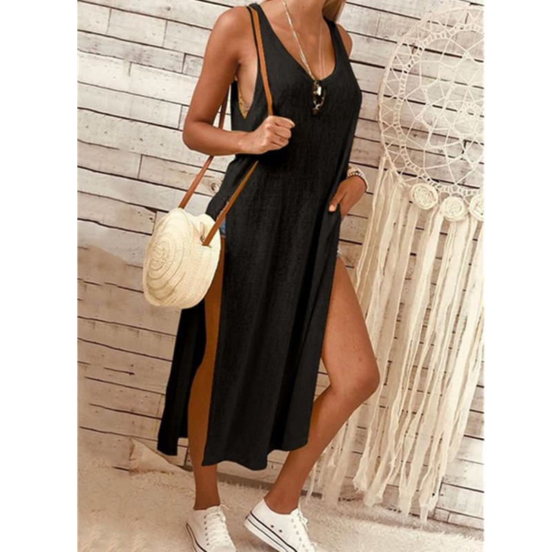 Summer Womens Solid Color Split Sleeveless V-Neck Loose Casual Party Bohemian Dress Holiday Beach Sundress