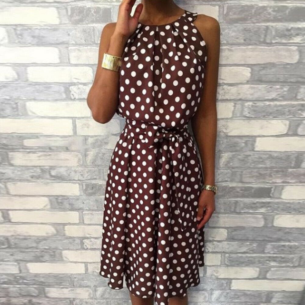 Women Sleeveless Polka Dot Midi Dress 2023 Fashion Ladies Summer Beach Casual Bandage Belt Dress Sundress