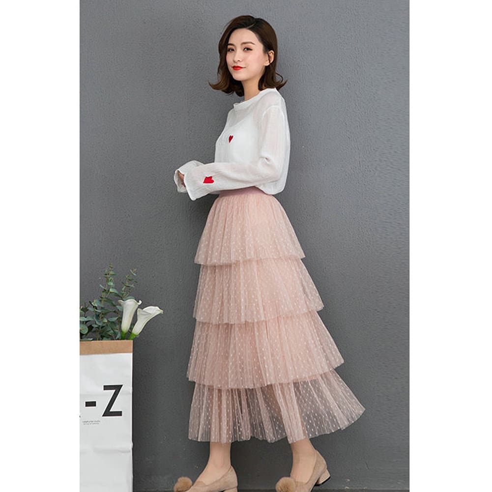 New Fashion Summer Women Dot Lace Tiered High Waist Beach Long Skirt Sundress Cake Tulle Skirt Party Ball Gown