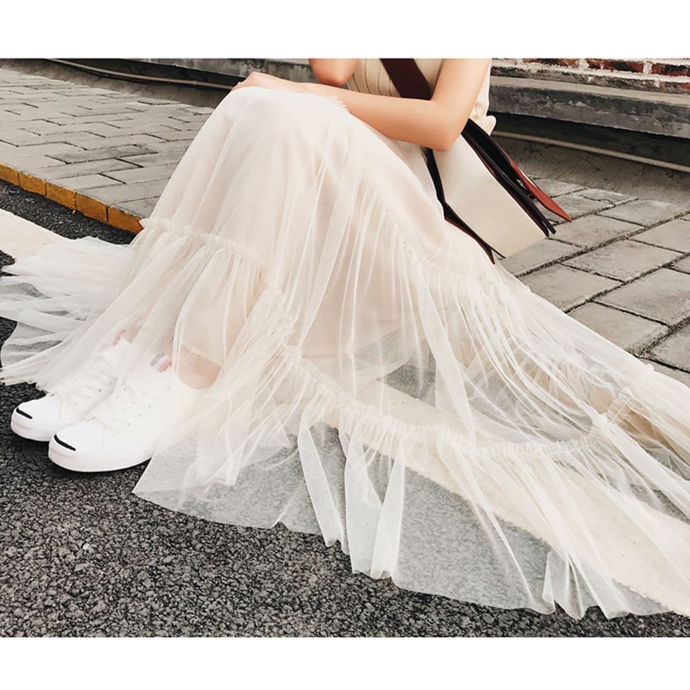 Summer Women Elastic Mesh Tulle Pleated Skirt Ladies Casual Holiday A-Line High Waist Solid Long Maxi Skirt