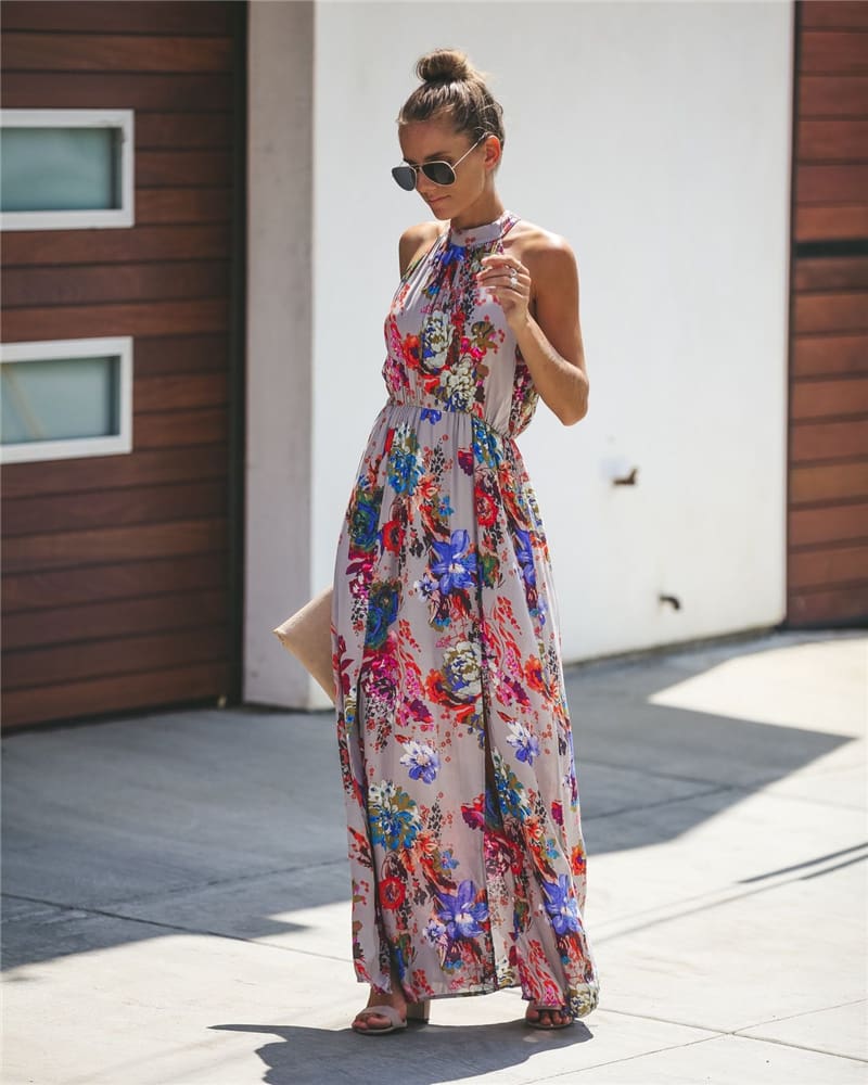 Halter Style Women Summer Floral Dress Casual Boho High Waist Long Maxi Holiday Party Sleeveless Loose Dress Clothes