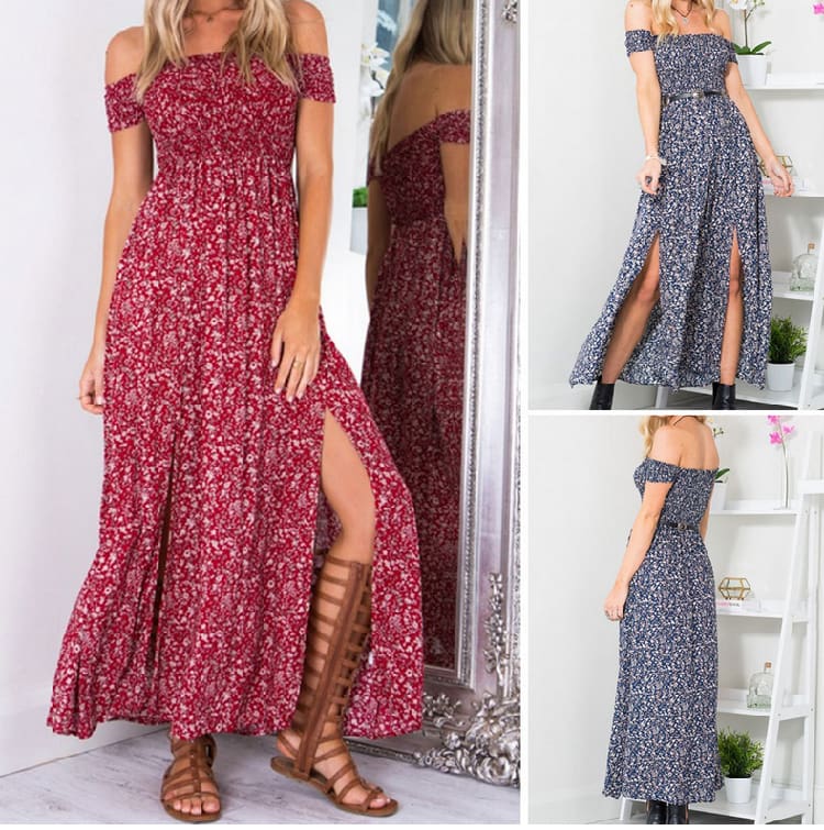 New Fashion Women Boho Off shoulder High Waist Short Sleeve Maxi Dress Ladeis Summer Floral Beach Casual Long Sundress