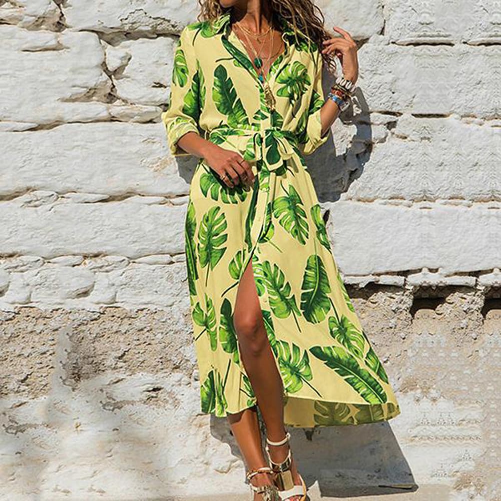 Fashion Women Summer Boho Floral Slit Long Maxi Dress Holiday Party Ladies Casual Beach Loose Dresses Sundress