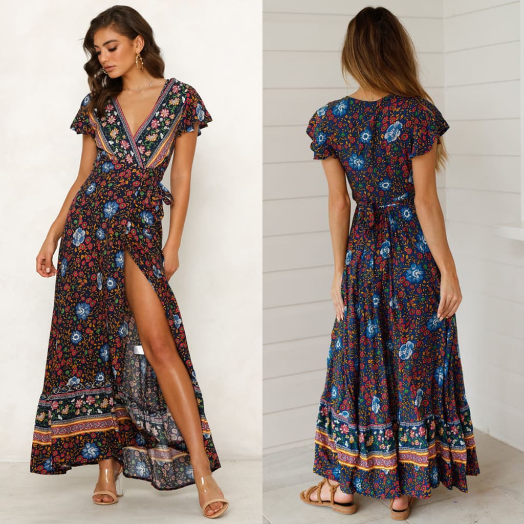 Women High Waist Summer Boho Floral Print Short Sleeve Beach Dress New Fashion Ladies V-Neck Long Dress Sundress