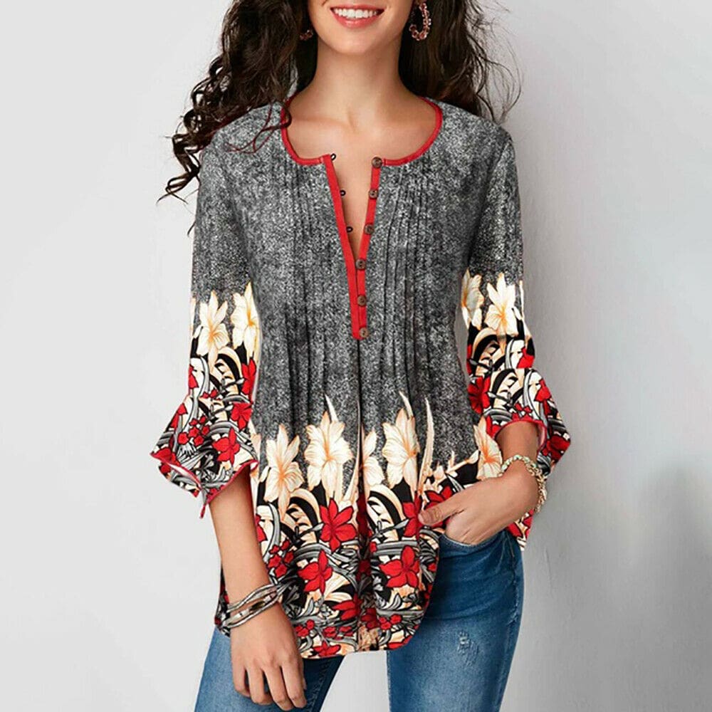 Summer Women Casual Tops Blouse New Fashion Ladies Bell Sleeve Floral V ...