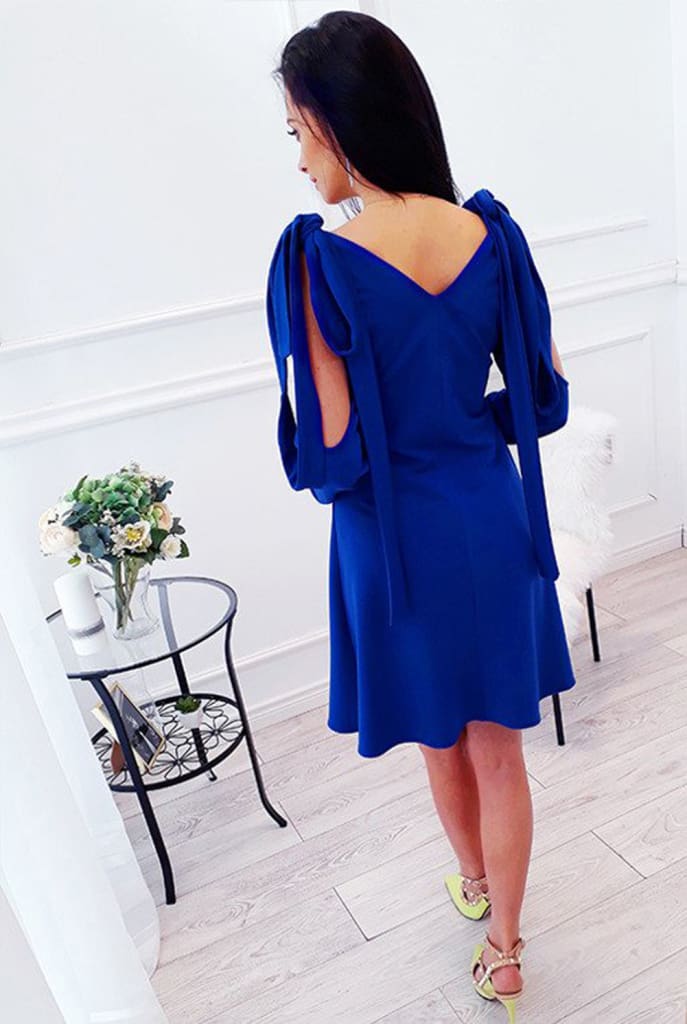 New Women Summer Dress Cold Shoulder V-Neck Long Sleeve Elegant Ladies Solid Casual Vintage Short Mini Dress