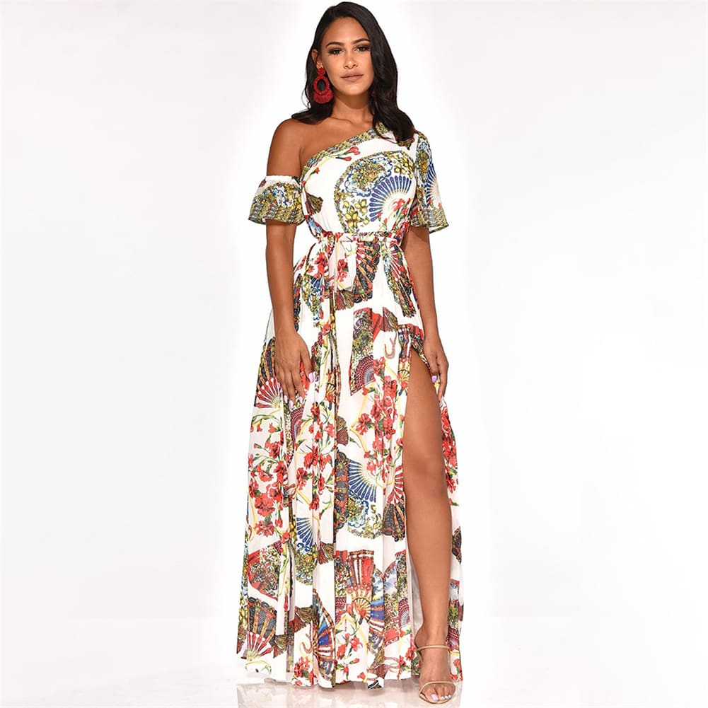 Womens Boho Maxi Dress Fashion Ladies Casual One Shoulder Floral Holiday Summer Beach Evening Party Long Sundress