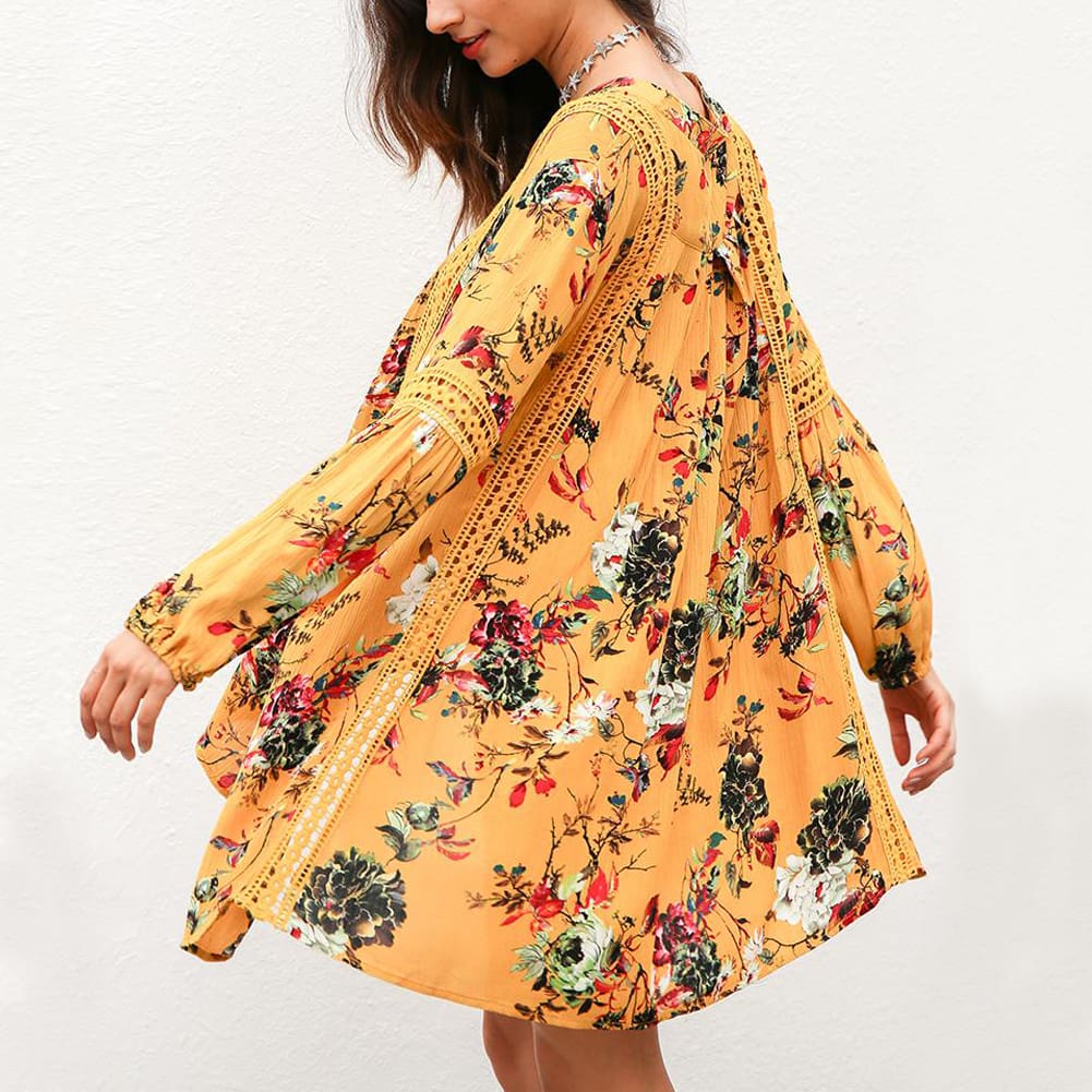 Women Long Sleeve Boho Floral Party Swimwear Bikini Summer Beach Wear Cover Up Dress Casual Loose Mini Sundress