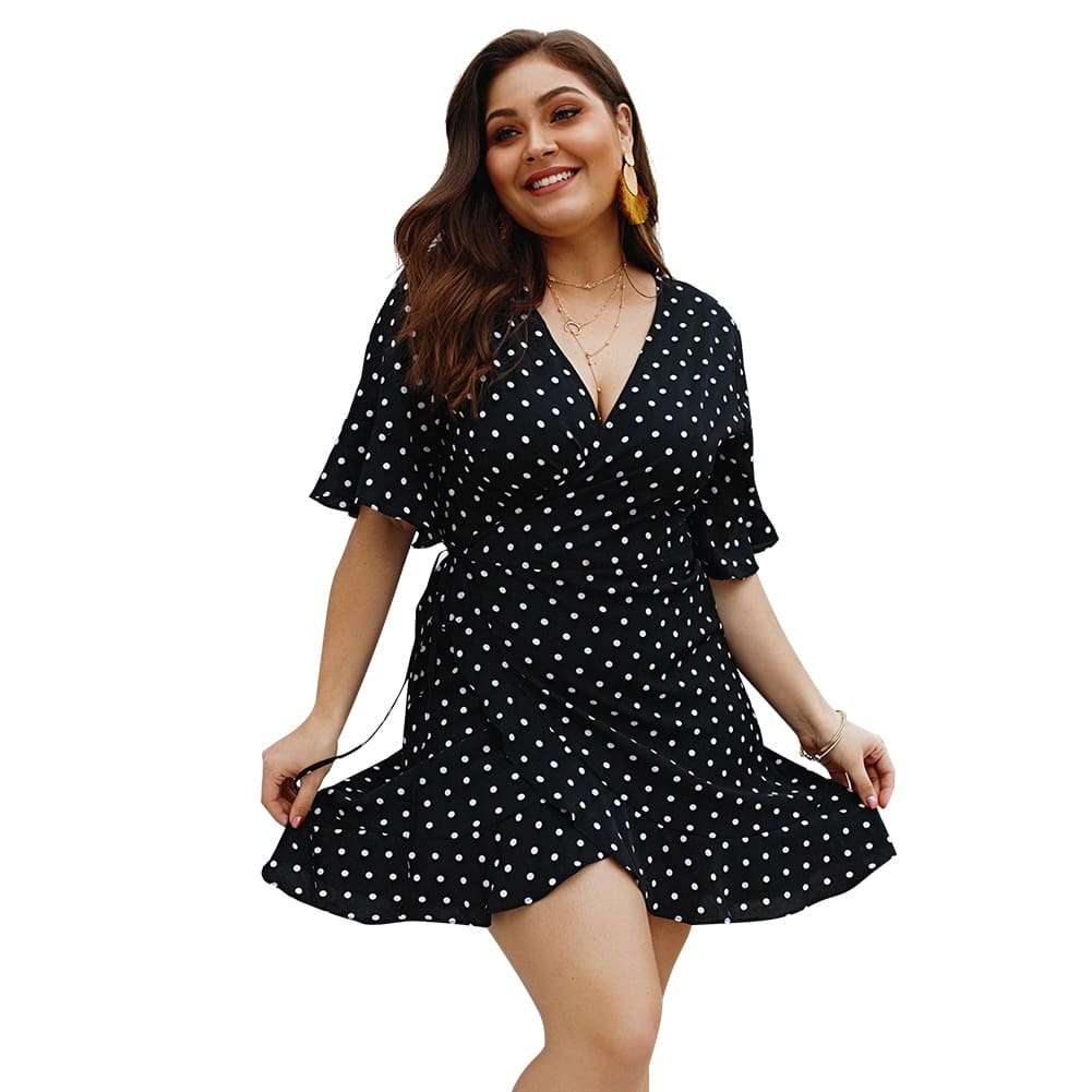 Plus Size Women Summer High Waist Polka Dot Boho Beach Dress New Fashion Ladies Beach Dress Casual Short Sleeve V-Neck Sundress