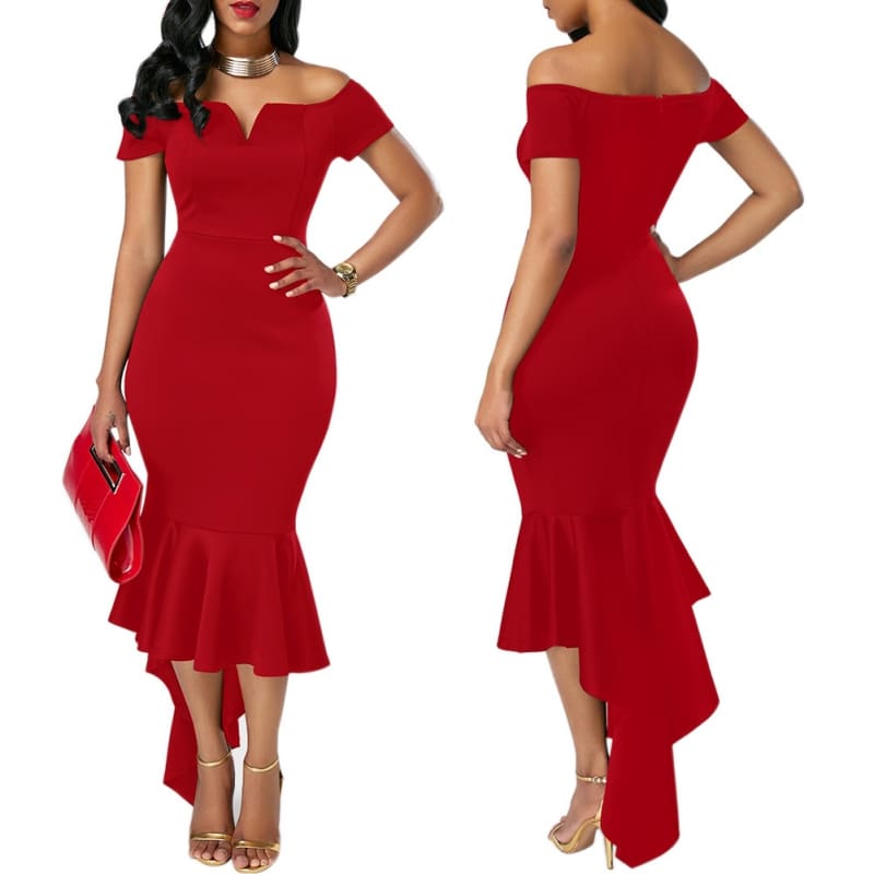 Fishtail Dresses for Women Off Shoulder Midi Bodycon Dress Short Sleeve ...