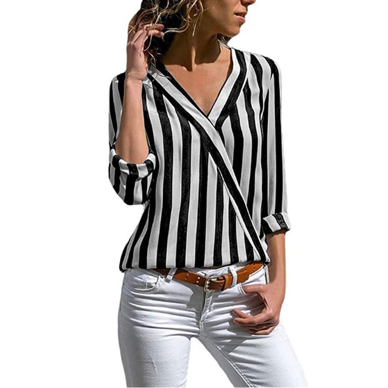 Hot Women Collar Striped Blouse Shirt Long Sleeve Blouse Fashion V-neck ...