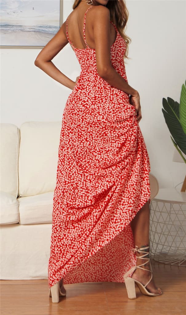 Summer Womens Bohemian Floral Sling V-neck Dress Fashion Ladies Sleeveless Holiday Maxi Dress Sundress