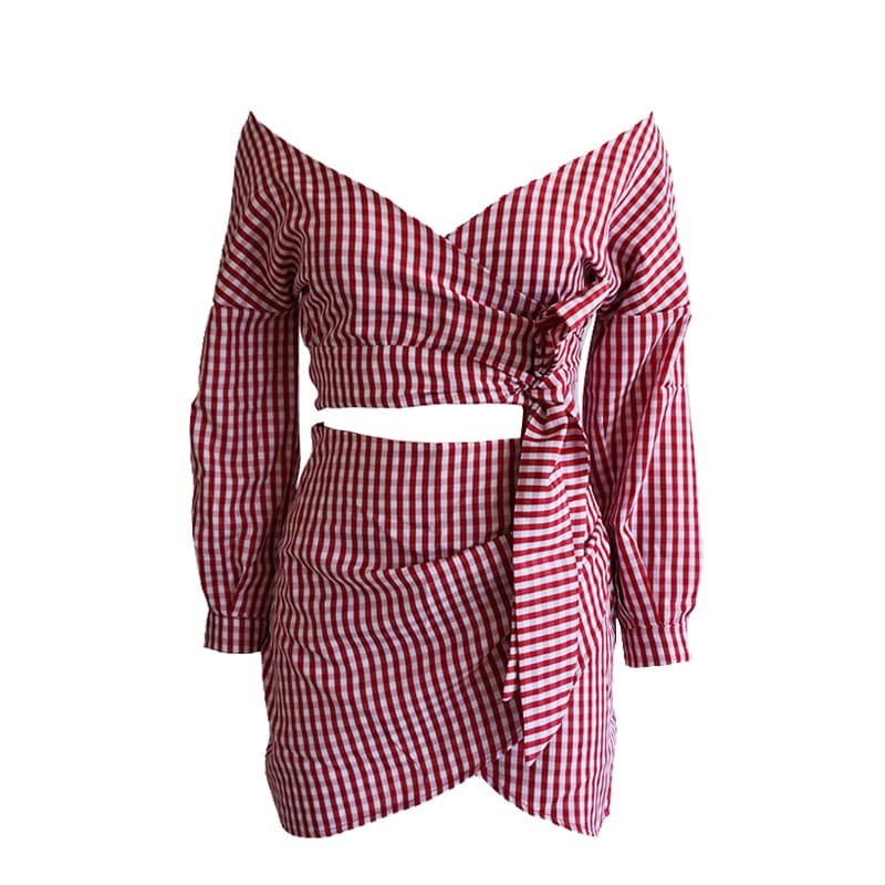 Women 2 Piece Plaid Crop Top Bodycon Skirt Sexy Ladies Casual Summer Beach Party Mini Dress Outfit Holiday