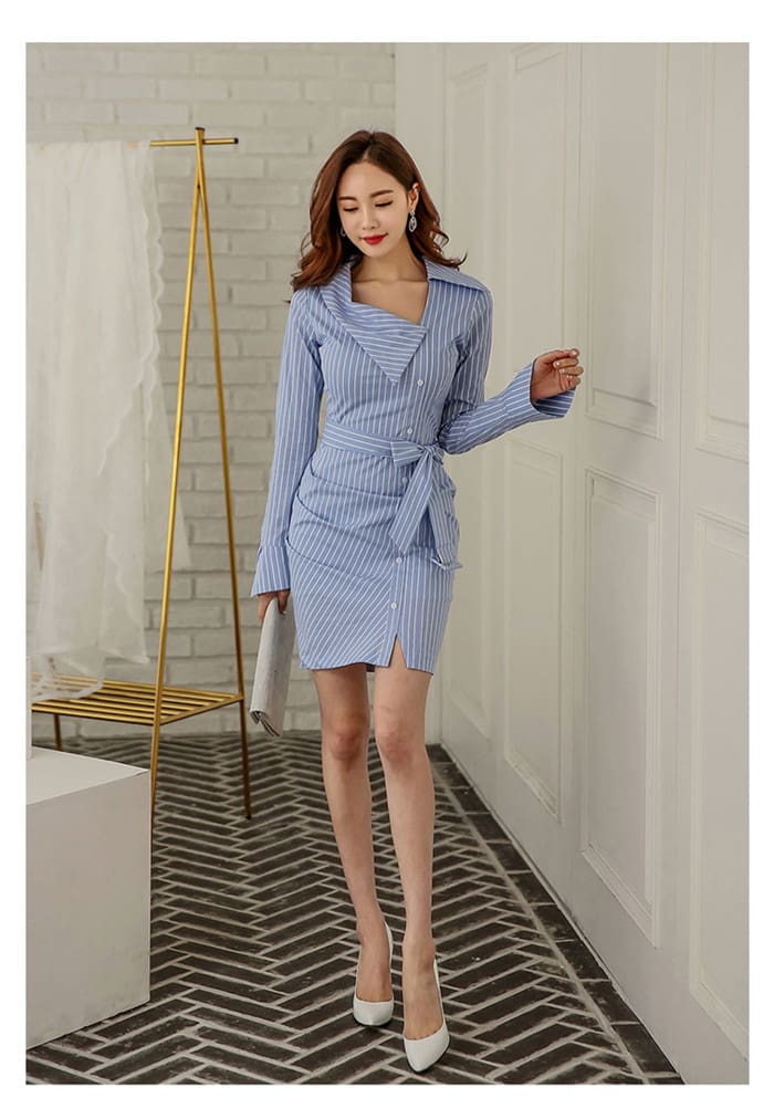 Lady Elegant Striped Short Dress Long Sleeve Pencil Dress