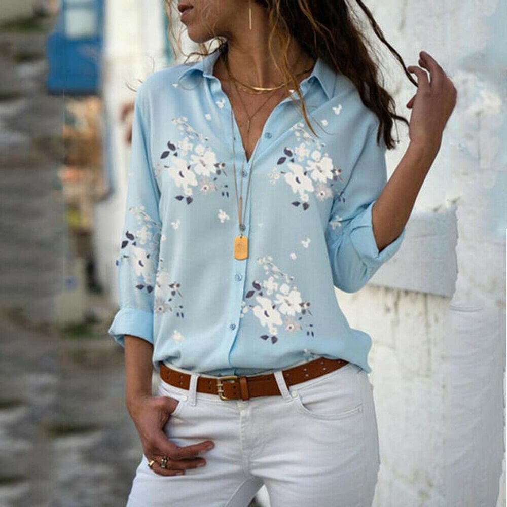 Plus Size Women's Summer Floral Long Sleeve Button V-Neck Shirts Ladies ...