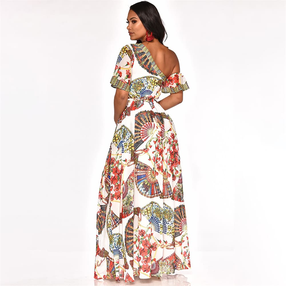 Womens Boho Maxi Dress Fashion Ladies Casual One Shoulder Floral Holiday Summer Beach Evening Party Long Sundress