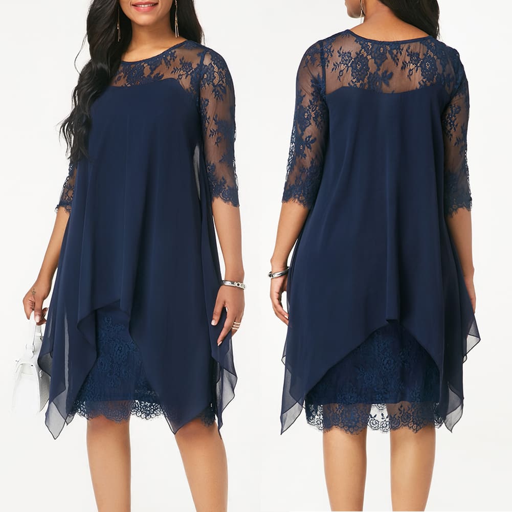 New Women 3/4 Sleeve Causal Loose Lace Evening Formal Dress Elegant Office Ladies Summer Party Beach Holiday Sundress