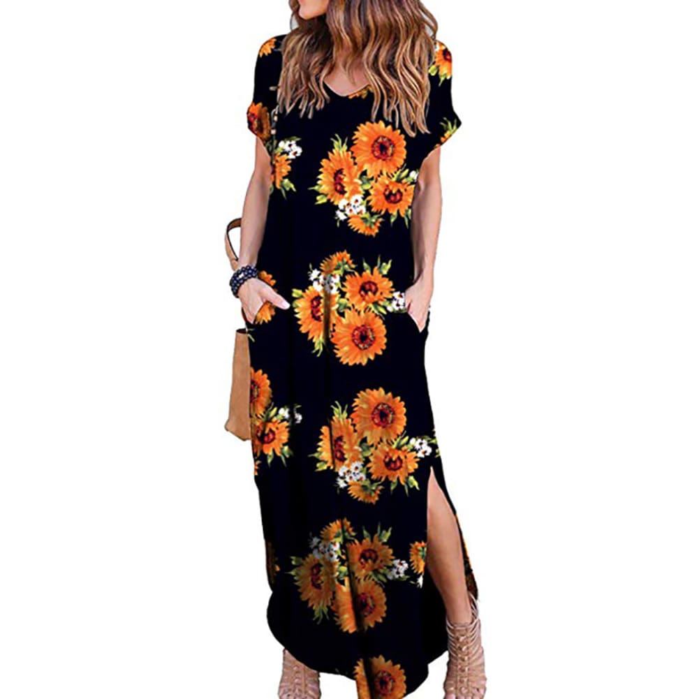 Womens Boho Pocket Long Maxi Dress Floral Cocktail Party Summer Beach Casual V Neck Split Loose Dress Sundress