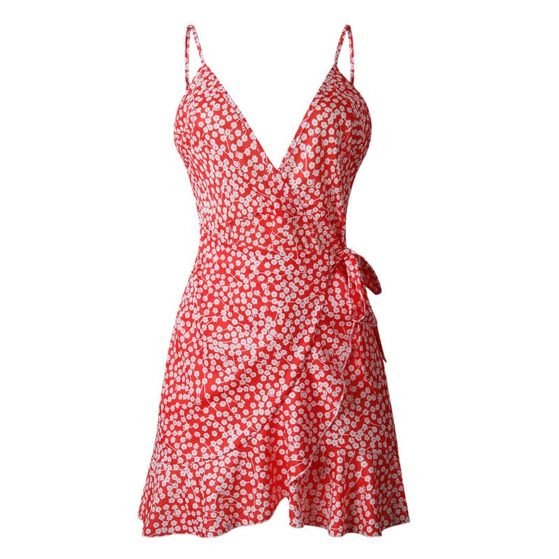 Print Ruffled Wrap Dress Women Strap Mini Sundress