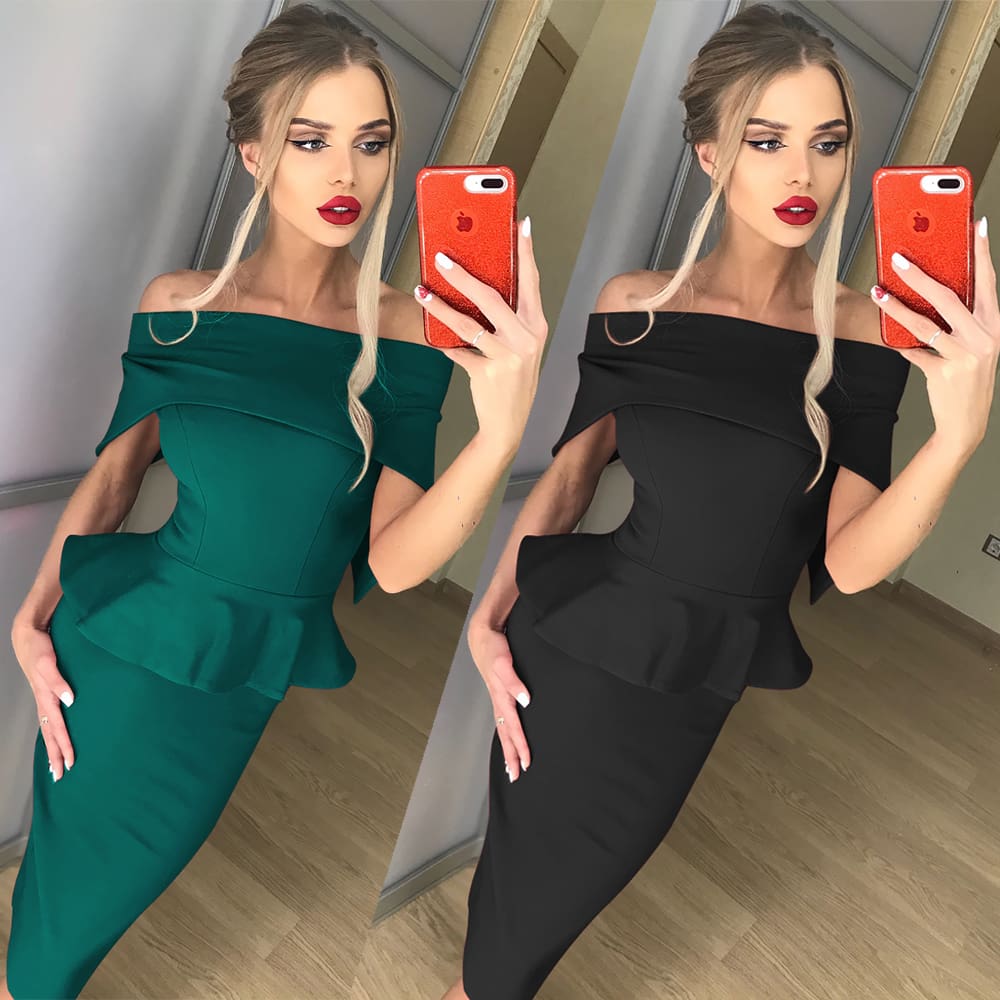 Women Elegant Summer Off Shoulder Ruffle Midi Dress Formal Work Office OL Ladies Bodycon Slim Pencil Dress