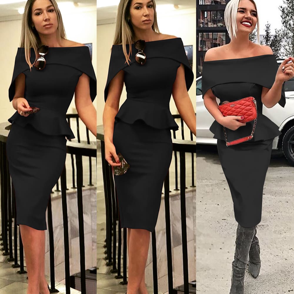 Women Elegant Summer Off Shoulder Ruffle Midi Dress Formal Work Office OL Ladies Bodycon Slim Pencil Dress