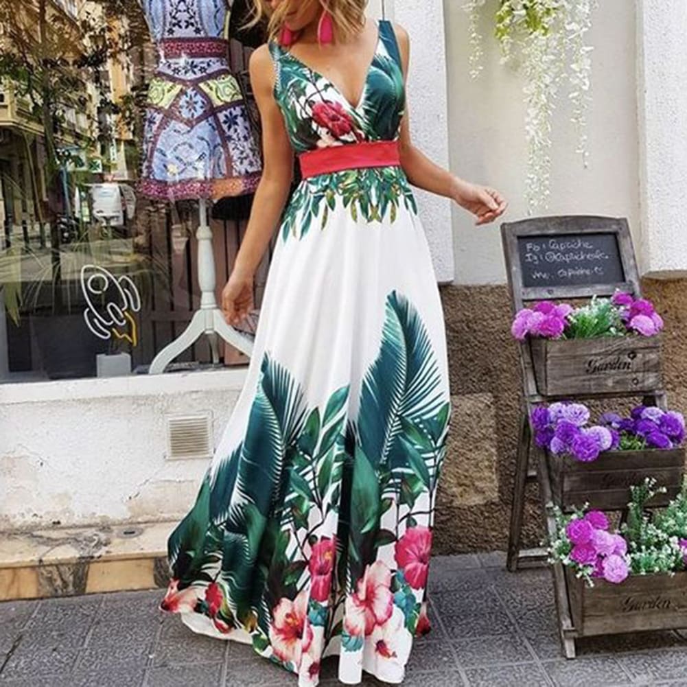 Women Fashion Long Bridesmaid Boho Floral Dresses Fashion Elegant Ladies Deep V-Neck Summer Holiday Prom Sundress