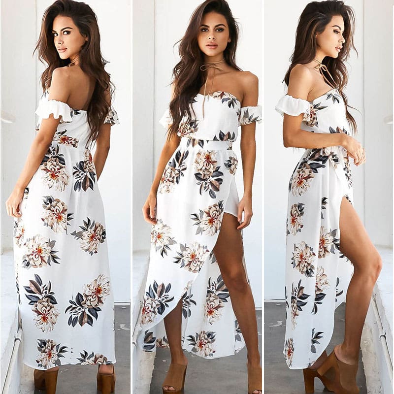 Women Boho Floral Wrap Long Maxi Dress Fashion Ladies Casual Off Shoulder Summer Beach Holiday Dresses Sundress