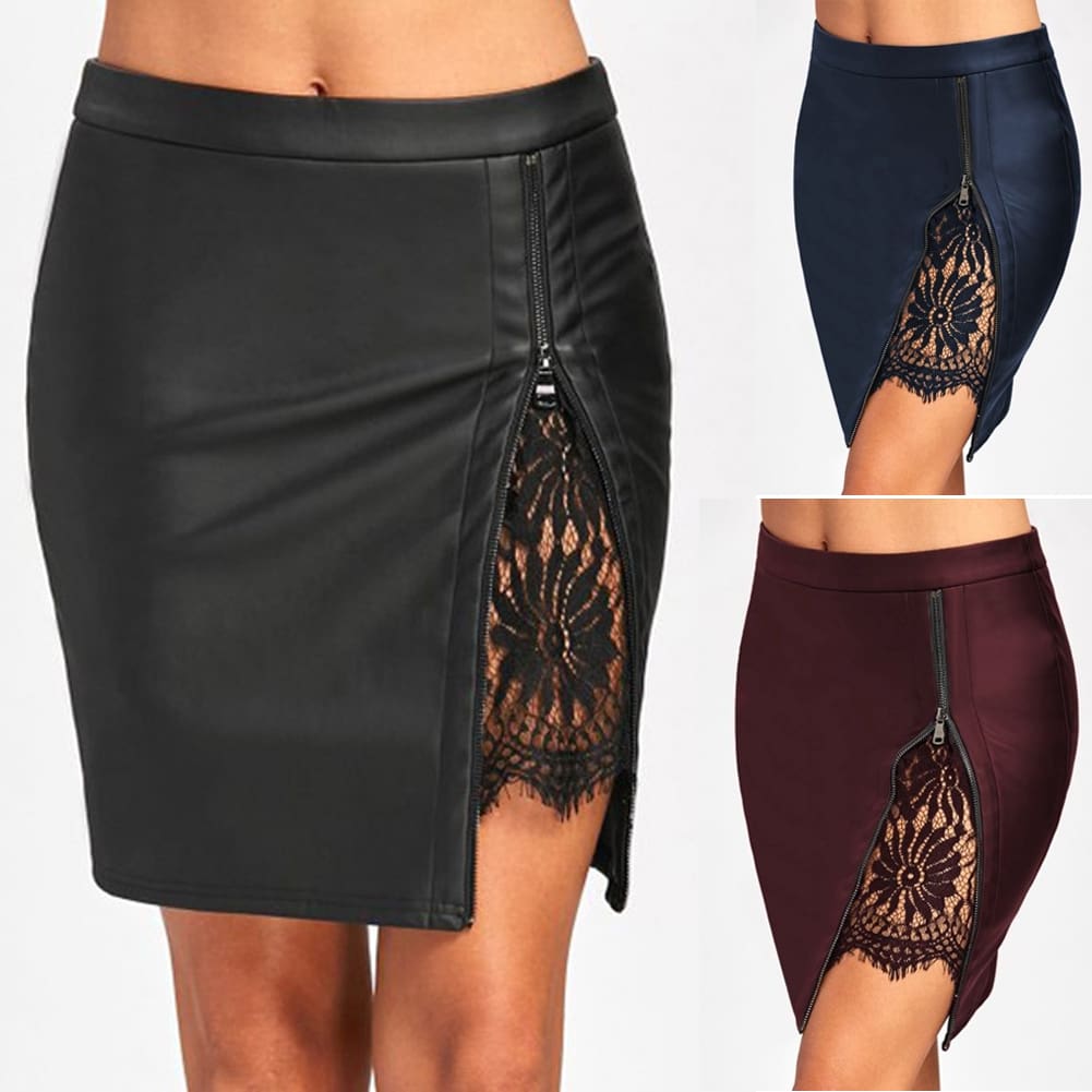 Women Formal Lace Leather High Waist Short Skirt OL Ladies Summer Casual Bodycon Slim Mini Skirt Pencil Sundress