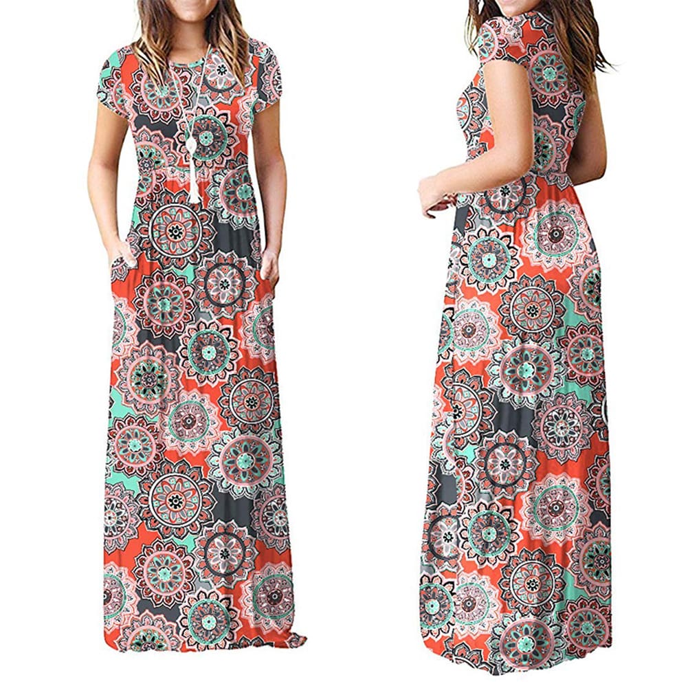 Summer Short Sleeve Long Dress Floral Print Boho Beach Dress Tunic Maxi Dress