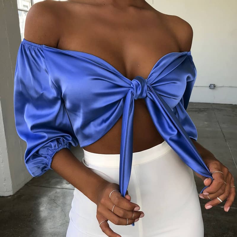 Fashion Women Satin Silk Tie Knot Vest Crop Tops Bra Elegant Ladies Off Shoulder Casual Strappy Shirt Tee Blouse