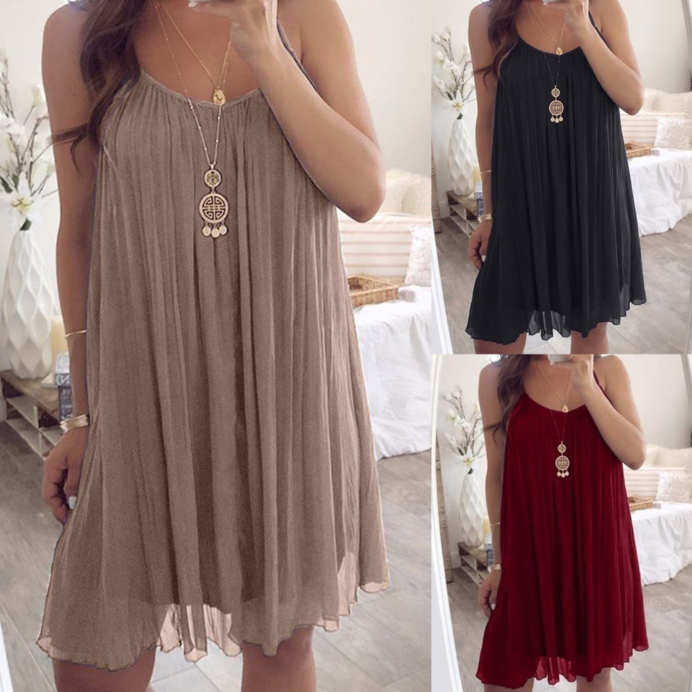 Plus Size Women Chiffon Summer Casual Sleeveless Dress New Fashion Solid Strappy Beach Sundress Short Dress