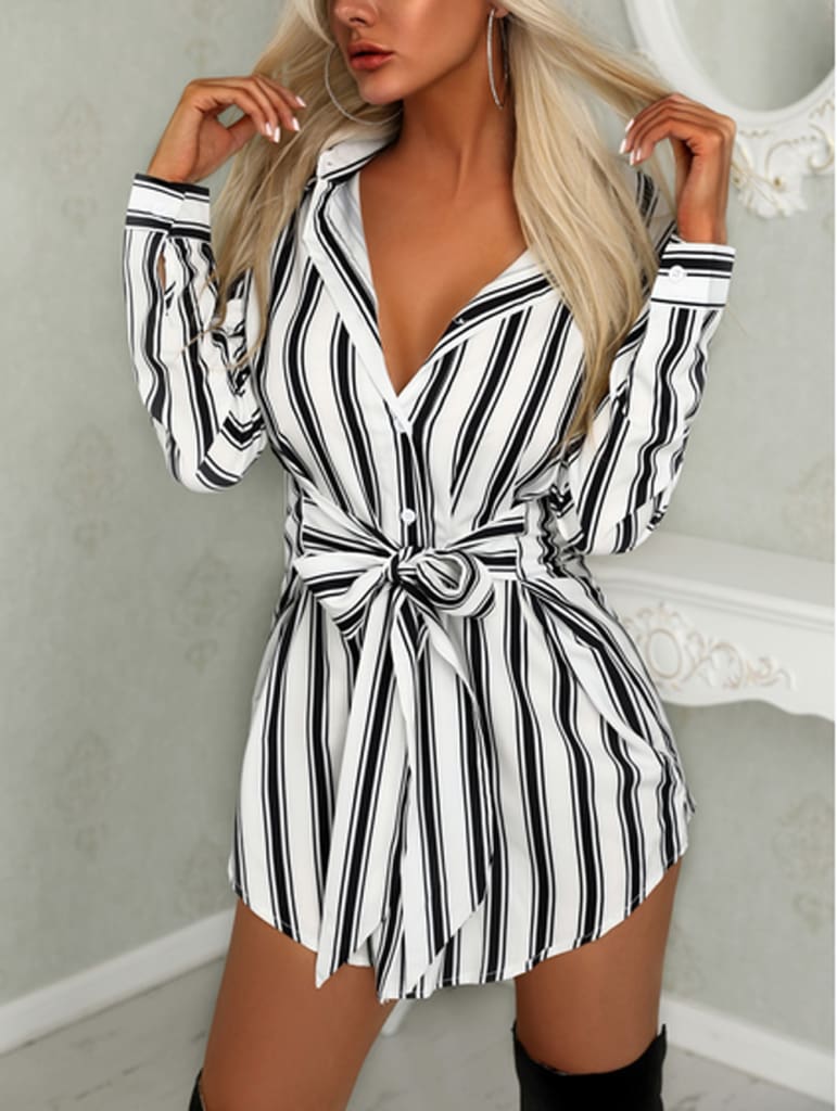 Women Fashion Long Shirt Dress Ladies V-neck Striped Print Casual Summer Mini Dress Short Mini Dress