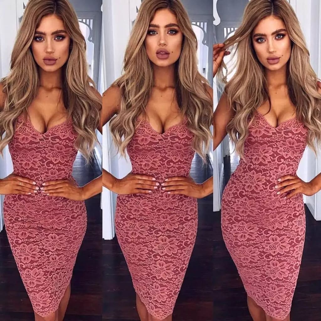 Women Summer Lace Elegant Party Bodycon Dress Ladies V-Neck Spaghetti Strap Knee-Length Womens Formal Dress